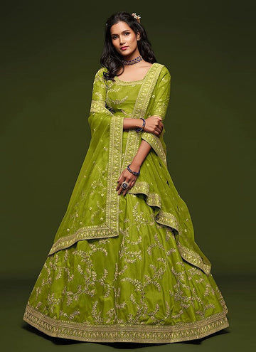 Neon Green Art Silk Lehenga Choli Dupatta Set